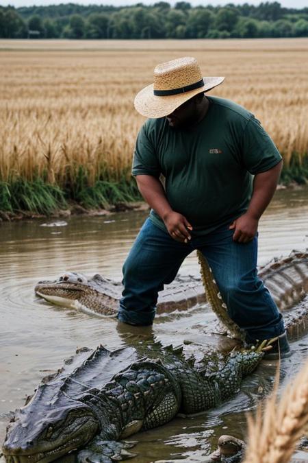 raw photo, a black fat man (((fighting alligators furiously))), a straw hat, (farmer, dirty clothes:1.1), a field with wheat in the background, a ranch, warm lighting, cosy atmosphere, Instagram style, 8k uhd, dslr, soft lighting, high quality, film grain, Fujifilm XT3, (natural skin texture, hyperrealism, soft light, sharp)