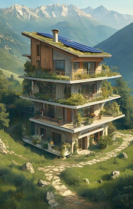 masterpiece,best quality,<lora:tbh301-sdxl:0.9>,illustration,designed by Francesco Borromini, Sustainable eco-village with green roofs and solar panels, nestled in a mountain valley