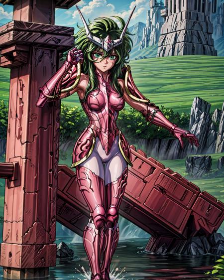 masterpiece, best quality, highres, solo, 1girl, green eyes, detailed background,waterfall,armor, <lora:more_details:0.7>,outdoor ,(medium breasts:1.5) ,pink armor,green hair,<lora:andromeda_final:0.8>,helmet,full body