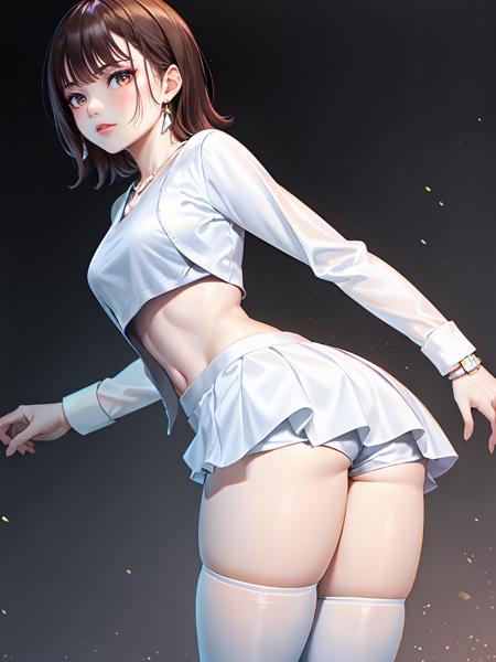 (extremely detailed CG), (best quality), 1girl, perfect face,  shiny skin, lustrous skin, wide hips,narrow waist,  <lora:SononiDon-10:0.8>SononiDon, white short,shorts,miniskirt,bracelet,white jacket, white footwear,long sleeves,navel,midriff,crop top, white skirt, white shirt,necklace,jewelry, thighhighs ,earrings,skirt,(white eyes:1),ass,ass focus looking back,