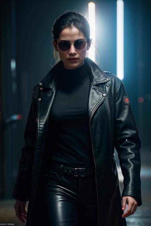 A woman wearing a leather jacket and sunglasses.
