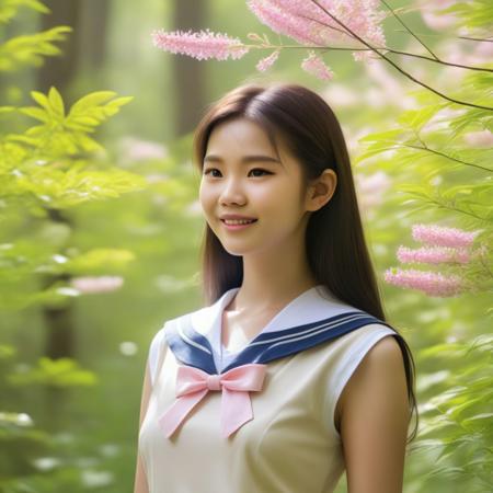 20-year-old Beautiful Chinese girl in sheer white  lightpink  mini-sailor-uniform  ,Slightly tousled long hair, fullbody,smile,youthful radiance
Elegant side profile, poised yet lively gestures
On forest path, admiring wildflowers in bloom
Surrounded by verdant trees, birdsong, dappled sunlight,Color palette: fresh greens, soft blues, pinks, pale yellows,Gongbi realism or xieyi atmosphere
Capture vibrant spring vigor and adolescent spirit