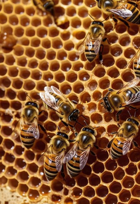 A detailed view of a honeycomb dripping with honey inside a beehive, 
with honeybees actively working on it.