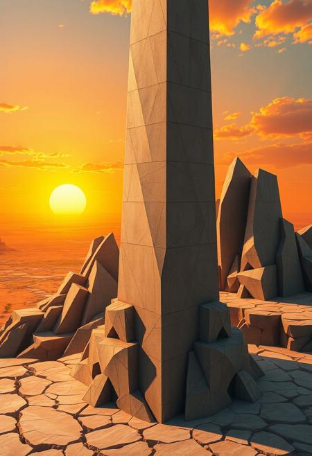 (ugly:-1.3), sculptural and angular, (cartoonish:-1.1), infinite geometry in stone, intersecting planes of stone and landscape, oranges, minimal organic details, sharp angular edges, fragmented surfaces, (noisy:-1.1), (smooth surfaces:-1.4), (emphasis on complex geometric obelisk forms:1.6), (polished:-1.3), flowing yet sharp surfaces, exaggerated geometric structure, savannah, photorealism, (bad composition:-1.3), high resolution, (disjointed anatomy:-1.3), (overly ornate:-1.5), (blurry:-1.2), vibrant colors across surfaces, fractured terrain surrounding the obelisk, multichromatic oil pastel hues reflecting in harsh sunlight, rigid and brutalist structure, yellows, saturated earthy tones, deep reds,obelisk, recursive shapes along the obelisk, glowing light from the horizon, sharp geometric shadow forms, dystopian vibe, (low quality:-1.2), intricate fractal patterns, interlocking polygonal faces, unsettling