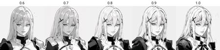 <lyco:inoitohV2-000012:0.6>, (monochrome, greyscale, lips:1.1), 1girl, long hair, looking at viewer, white hair, simple background, solo, white background, closed mouth, x hair ornament, hair between eyes, armor, (closed mouth:1.1), (masterpiece, exceptional, best aesthetic, best quality, masterpiece, extremely detailed:1.2), <lora:darkness (konosuba)_v1:0.6>