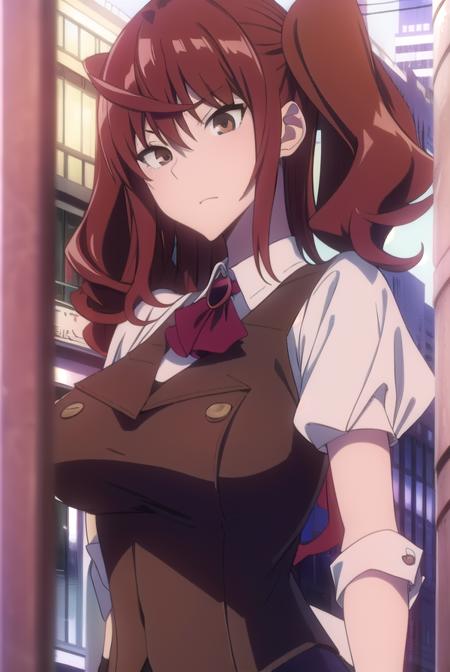 erikakuramoto, <lyco:erikakuramoto-LYCORIStest:1>,
erika kuramoto, twintails, (red hair:1.5), two side up, (brown eyes:1.5), hair between eyes, (large breast:1.2),
BREAK collared shirt, shirt, ascot, red ascot, juliet sleeves, short sleeves, sweater, brown sweater vest,
BREAK looking at viewer,
BREAK indoors, classroom,
BREAK <lora:GoodHands-vanilla:1>, (masterpiece:1.2), best quality, high resolution, unity 8k wallpaper, (illustration:0.8), (beautiful detailed eyes:1.6), extremely detailed face, perfect lighting, extremely detailed CG, (perfect hands, perfect anatomy),