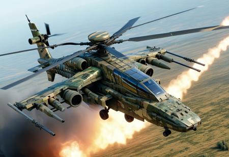 score_9, score_8_up, score_7_up, (Ultra detailed digital art masterpiece), complex masterpiece, complex physics, flying ((sci-fi futuristic sleek attack helicopter)) in combat, ((tiger painted camo:1.2)), heavy weapons load, isometric 3/4 view, clear lines, motion lines, afterimage, motion blur, (realistic explosions on the ground), ultra realistic, highly detailed, intricate details, high contrast, 8k HDR, shadows, ultra detailed atmospheric details, photorealistic, sharp focus, cinematic light, intricate details, hovering, military,