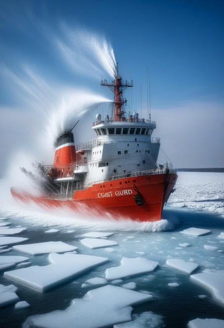 A red and white "US Coast Guard" ship breaks the ice on the Great Lakes at Christmas time. Dynamic scene with wind, 
blowing snow, 
ice and spray flying about.