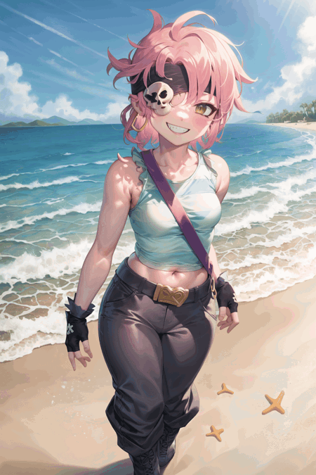 pennyBS, 1girl, pink hair, short hair, bangs, headband, skull eyepatch, hoop earrings, black gloves, tank top, striped shirt, fingerless gloves, belt, blue pants, boots