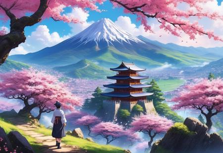 chef d'oeuvre, style anime, tranchant, pas d'humains, paysage parfait, montagnes, arbres cerisiers sakura en fleur, ruines, vibrant, coloré