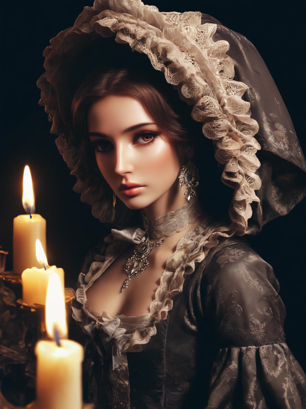 A woman in colonial clothing posing in the dark with lit candles.
