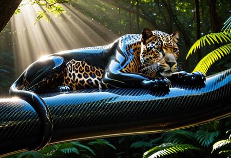 Highly detailed photographic image of a jaguar with incredibly intricate black carbon fiber "fur" resting on a large tree branch in the rainforest. The photorealistic natural forest surroundings an ironic contrast to details of the futuristic jaguar's woven carbon fiber coat against the natural photoreal tree texture; showcasing the jaguar's distinctive beauty and muscular build in the many intricate woven strands. The rainforest environment should be highly photorealistic, natural tree branch,  lush and vibrant, filled with a variety of realistic green foliage, exotic plants, and dappled sunlight filtering through the canopy above. Incorporate dramatic lighting to enhance the atmosphere, creating a sense of depth and intrigue. Include subtle elements such as mist or gentle rain to add to the mood, while ensuring the surreal carbon fiber jaguar remains the focal point of the composition. (Highly cinematic scene with natural surroundings; highly focused detail on the subject; beams of sunlight reflecting on the animal's unique carbon fiber fur; masterpiece scene; dramatic composition, 4k resolution, finely detailed texture)