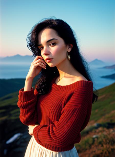 mature, (closeup portrait), modest sweater,  award winning photo, best quality, masterpiece, upper body, JenyaD, windblown black hair, by Jeremy Lipking, by Antonio J. Manzanedo, by lee jeffries nikon d850 film stock photograph 4 kodak 400 camera f1.6 lens rich colors hyper realistic lifelike texture natural lighting unreal engine trending on artstation cinestill 800, 50mm lens
<lora:JenyaD-Shurik_RealPersonTraining_4L:1>