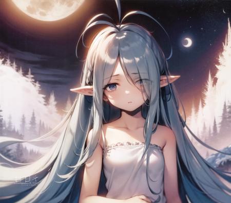 <lora:ke-ta:0.9>, forest, night, starry sky, moon, armor, sad, long hair, elf ears, bangs, hair over one eye, shy, antenna hair, light blue hair, blue eyes, small