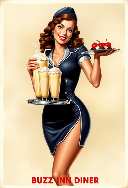 “Create a vintage 1950s-style advertising poster for THE BUZZ INN — a retro airport diner. The artwork should be in the classic pin-up style of Gil Elvgren and Alberto Vargas, with warm airbrush tones and a playful, glamorous mood.  Aged white border around image, “BUZZ INN DINER” printed in red lettering on bottom of image. 
Center the image on a stunning brunette waitress styled like a vintage stewardess. She has soft, voluminous waves in her hair, red lipstick, and a playful smile. Her outfit is a tight-fitting, aviation-inspired diner uniform in dark blue with white trim — featuring a low neckline showing a hint of cleavage, short sleeves, a cute cap perched jauntily on her head, and a daring high leg slit that reveals her long, toned legs in sheer silk stockings held up by a garter strap.
She confidently balances a chrome tray of tall, frothy milkshakes topped with whipped cream and cherries. One hand is on her hip, the other slightly raised for balance. Behind her, the interior of The Buzz Inn diner is visible — with checkerboard floors, neon signage, chrome stools, and airplane parts repurposed as décor. Through the windows, a vintage prop plane taxiing on the tarmac can be seen.