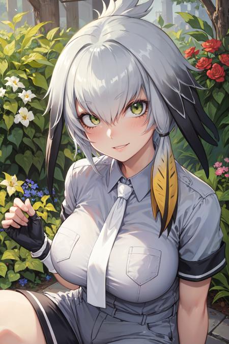 (masterpiece, best quality, ultra detailed), (detailed background, complex background:1.2), (perfect face, detailed face), full-face blush, (milf, mature female:1.4), happy, smile, parted lips, 
<lora:shoebill:1> shoebill, grey hair, sidelocks, hair between eyes, black hair, head wings, shirt, long hair, necktie, grey shirt, short sleeves, collared shirt, gloves, black gloves, fingerless gloves, shorts, white necktie, pocket, breast pocket
(outdoors, garden, sitting)