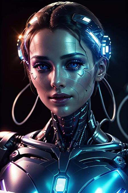 a (extreme close up) of a (robot with chrome skin and wires hair), electronic eyes, full lips, glowing color tubes BREAK
italian shot, lens flare, spot lights, sharp focus, intrincate details, photo realistic