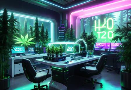 masterpiece,high quality,
420futurism,    <lora:420FuturismXL:0.8>
,lab, no humans, scenery, plant, chair, monitor, indoors, table, computer, tree, window, "420" text,futuristic,cyberpunk.neon light