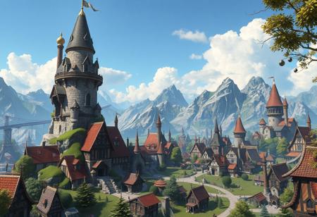 An image of a stylized and photorealistic fantasy town surrounding a tall wizard's tower, 4k resolution, highly detailed