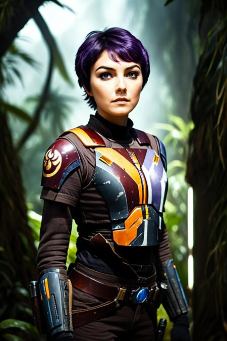 cinematic film still sabine wren at a lost city hidden deep within a dense jungle, full body shot, (scowl) <lora:Sabine_Wren:0.8> . shallow depth of field, vignette, highly detailed, high budget Hollywood movie by quentin tarantino, bokeh, cinemascope, moody, epic, gorgeous, film grain, grainy