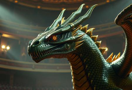 Supreme King Dragon Odd-Eyes, skull head,metal textured body, green and yellow, Despia Theater backdrop, cinematic lighting, Artstation trending, octane render, Unreal Engine 6, detailed eyes, splash ink illustration, dynamic pose, Raphael style, golden ratio, 4k, high-res, exceptional quality, handcrafted, harmonious colors, matte painting, impeccable composition.