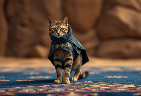 "Create a high-definition, lifelike ultramarine space marine cat, inspired by Warhammer 40000 and Islamic art. Depict the cat standing on a navy blue carpet, against a blurry desert background. The cat should wear a dark cloak with intricate insignia, reflecting a kit bash and kit design. Ensure the image is not duplicated and has a standing pose, suitable for an eBay listing thumbnail. Utilize Alphonse Mucha's style and enhance with advanced rendering techniques such as ray tracing. Submit the final piece on ArtStation."