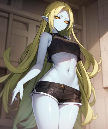 <lora:Hyura-NAI-LyCORIS-512px-merged:0.65>
hhra, 1girl, solo, wearing (crop top, short shorts),  colored_skin, yellow eyes, black_sclera