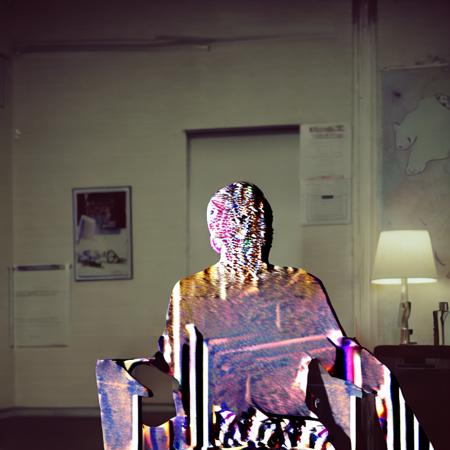 xyzvoidglitch, <lora:xyzVoidGlitch:1> solo man sitting on a livingroom chair, striped purple and red shirt, short curly black hair, holding, nasa backrooms, shoes, glasses, indoors, cinematic, dynamic, night