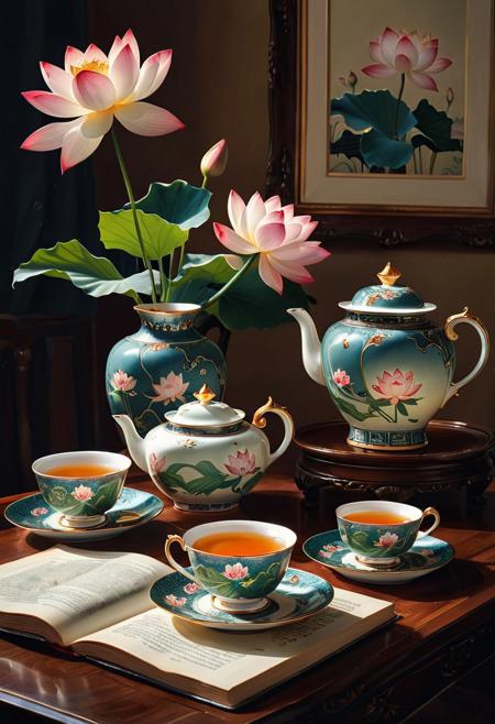 best quality, masterpiece, extremely detailed,  professional art, professional painting, an extremely delicate and beautiful, dynamic, great lighting, perfect shading, professional shading, depth of field,  side soft light, elegant, gorgeous, highly detailed, breathtaking, 
elegant tea set, lotus flower, book