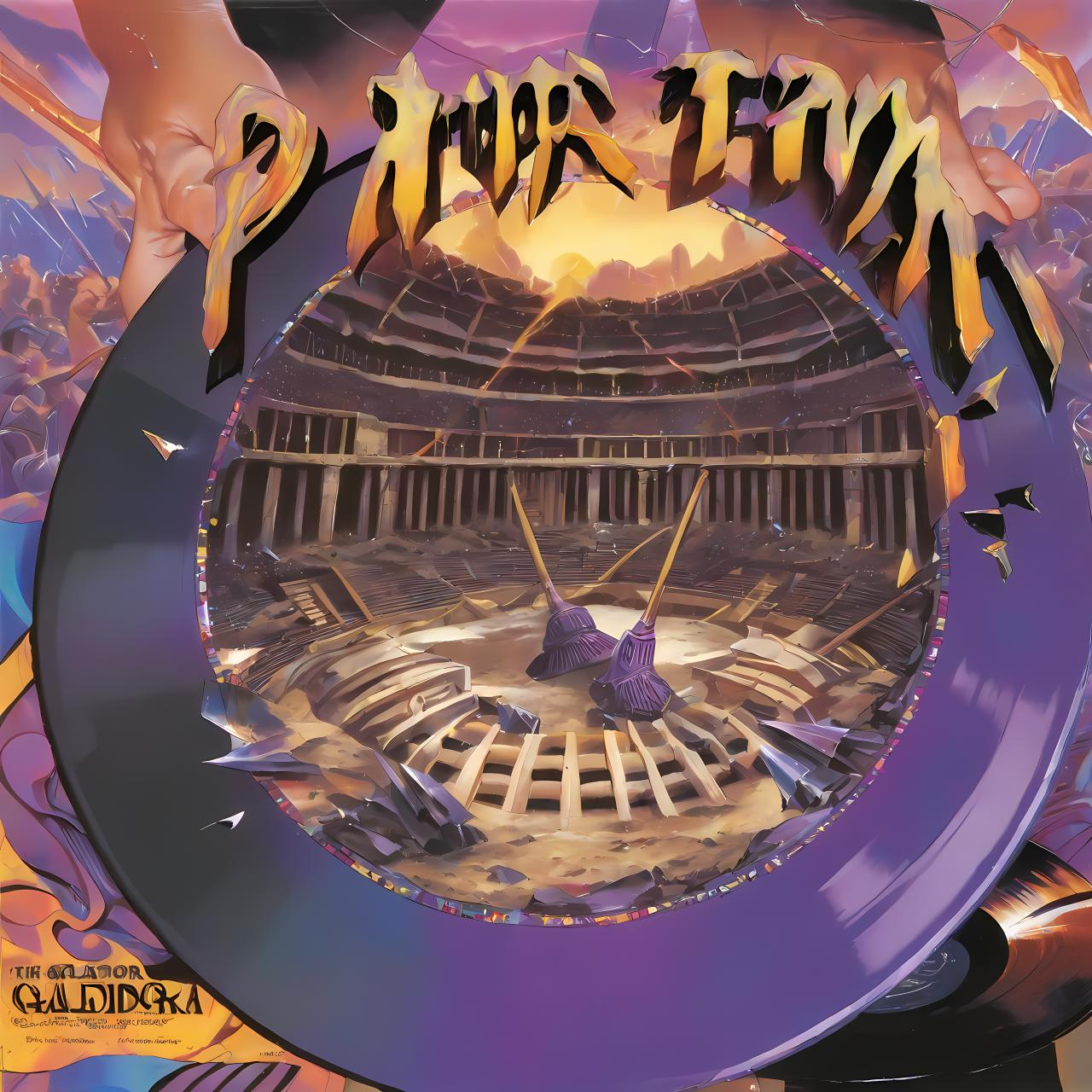 vinyl album, vinyl, record jacket, vinyl cover, vinyl cover from 1990s,  album cover art, top-rated, top - rated, 90s, album art, 

 mostly purple ,

 abstract ,

 instruments ,

 view ,


gladiator arena, roaring crowd, dusty ground, shattered weapons, 