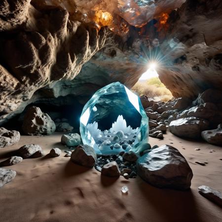 high-definition 8k photo in phst artstyle of a cave with a big glistering crystal in the middle