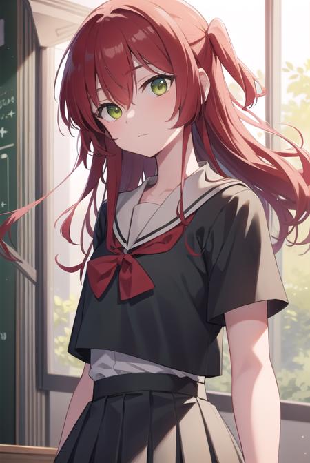 kitaikuyo, <lora:ikuyokitatest:1>, ikuyo kita, (green eyes:1.5), hair between eyes, long hair, one side up, red hair,
BREAK black footwear, black skirt, grey sailor collar, pleated skirt, sailor collar, school uniform, shoes, short sleeves, shuka high school uniform, skirt,,
BREAK looking at viewer,
BREAK indoors, classroom,
BREAK <lora:GoodHands-vanilla:1>, (masterpiece:1.2), best quality, high resolution, unity 8k wallpaper, (illustration:0.8), (beautiful detailed eyes:1.6), extremely detailed face, perfect lighting, extremely detailed CG, (perfect hands, perfect anatomy),