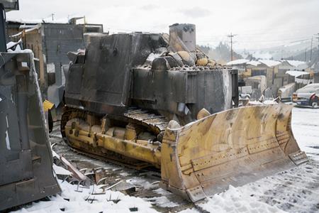 analog gloomy photo of a bulldozer with yellow blade,  <lora:k1lld0z3r:1.0>, (at night), snow, horror movie, (nighttime), (midnight), High Detail, Sharp focus, (photorealism), realistic, best quality, 8k, award winning, dramatic lighting, epic, cinematic, masterpiece, rim light, ambient fog:1.3, smoke:0.3, dutch angle, depth of field, wide angle lens, low angle shot,