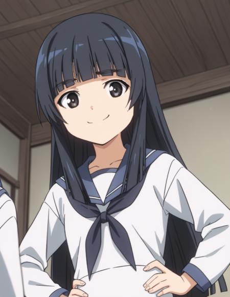 <lora:michiko-yamanaka-anime-ponyxl-lora-nochekaiser:1>, michiko yamakawa, long hair, black hair, black eyes, bangs, blunt bangs, school uniform, swimsuit, serafuku, school swimsuit, swimsuit under clothes, long sleeves, shirt, white shirt, neckerchief, black neckerchief, blue sailor collar,