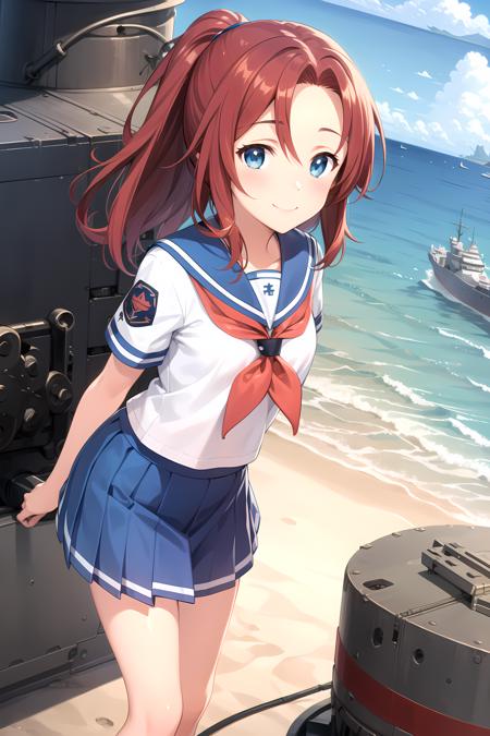 MatsunagaRitsuko red hair, blue eyes, long hair, ponytail serafuku, short sleeves, blue skirt, red neckerchief