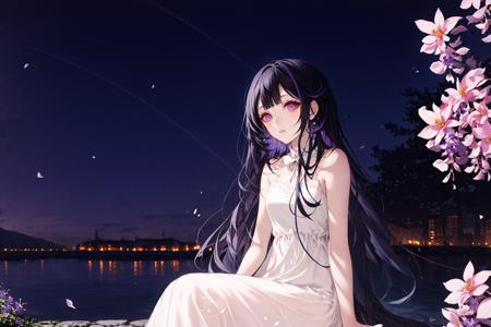 masterpiece, best quality,1girl, flower, dress, long hair, solo, white dress, black hair, sitting, very long hair, wisteria, holding, multicolored hair, night, water, purple flower, long dress, colored inner hair, sleeveless, bangs, petals, bare shoulders, outdoors, blue hair, sleeveless dress, closed mouth
/////////// <lora:YEYUALL-000098:0.7>, <lora:ç»ä¸½çåå½±:0.2>,<lora:add_detail:0.35>, <lora:adaptedmodel:0.35>