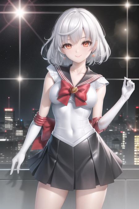 masterpiece, best quality, CG, wallpaper, HDR, high quality, high-definition, extremely detailed, red sailor outfit, white hair, short hair, looking at viewer, smile, elbow gloves,