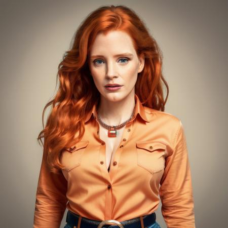 picture, best quality, a sexy 30yo beautiful JC<lora:JC:1.0>, long hair, brown hair, shirt, jewelry, belt, pants, necklace, orange hair, lips, denim, red shirt, jeans, realistic, 8k, hdr