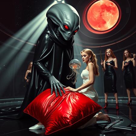 high-society elegant slender norvegian rich innocent young bride  kneeling  weird red glossy foil pillow from behind. She is ensnared by a towering, gray human-like alien, draped in a long, glossy black slime cloak, its eyes gleaming red with an otherworldly intensity.  its hands  putting slime transparent alien jellyfish at her head. Encased in light beam from the alien breeding chamber celling. Surrounded by strict ladies wearing  glossy satin dominatrix attire and glossy high heels,  holding whips.   weird wet-look black slime  walls and floor, colossus observation blister to outer space full of stars, bright red moon, vintage-inspired makeup, long hairs, ultra thin waist, evil grin, porcelain skin, lipstick, red nails, in the style of a haunting, retro-futuristic 1950s sci-fi nightmare, horror, alien space base,,