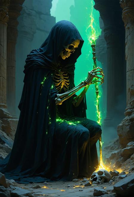 A hauntingly beautiful elven necromancer kneels in a twilight necropolis, her obsidian-and-gilded robes pooling like liquid shadow, conducting a ritual over cracked bone fragments. Low-angle perspective amplifies her towering presence, her face framed by intricate skull warpaint shimmering with iridescent decay—cracks revealing glowing emerald beneath. Art Nouveau elegance (Alphonse Mucha’s flowing lines) clashes with Brom’s dark fantasy grit. Chiaroscuro lighting carves her textured, alabaster skin, while her staff pulses with bioluminescent gold, casting spectral runes onto mist. Veiled whispers hum as skeletal fingertips breach the earth, threads of soul-light weaving between her fingers and the soil.