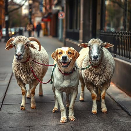 lovely dog leading three sheep by leashes attached to their necks, dog holds leashes in his mouth, on city sidewalk