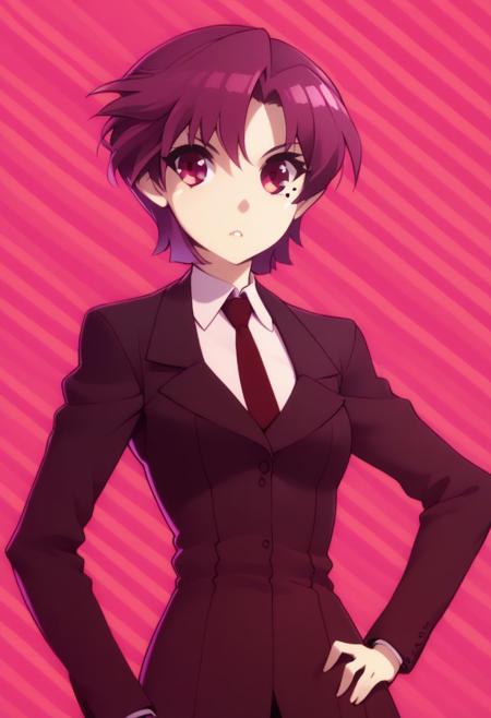 zzBazett, short hair, purple eyes, purple hair, mole under eye, zzBazett, short hair, purple eyes, purple hair, mole under eye, necktie, formal black suit,