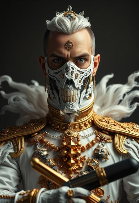Full body portrait, angry expression, looking at camera,  whole body in frame, 
man, tall smart person, royal soldier, royal military, regal being,
ornate uniform, (white and gold porcelain royal celestial clothes), holding scifi weapon, mechwear, commando uniform, crystal details in armor, crystal ornate earrings, crystal jewelry, ornate fractal face mask, ornate gold dainty details fractal armor,
((((crystallization of the face)))), teeth made of quartz, ((((eyes made of ulexite)))), hair made of Fanlike acicular-fibrous crystal groups, thin crystal hair, flowing white fractal hair, large perfect eyes, crystal iris, eyes made of crystal, ((white porcelain skin)), (white_skin), glowing clear eyes, celestial eyes,  interweaving techno-anatomical and fractal elements, Ellen Jewett's intricate sculptural craftsmanship, no eyebrow hair,
dynamic lighting highlighting multifaceted textures, cinematic post-processing for an exquisite visual narrative, breathtaking surreal masterpiece,
sci-fi royal palace setting, single source lighting, low light setting, dark room, intense lighting,