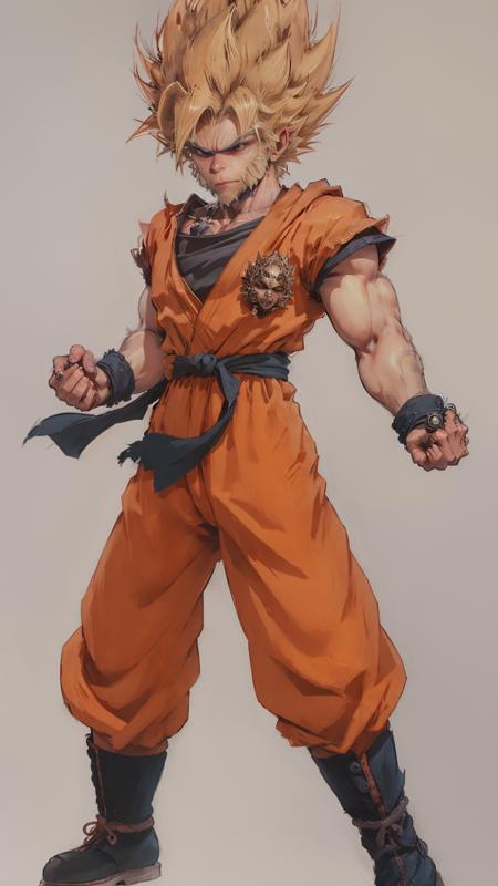 black monkey king, 1boy, blonde_hair, boots, clenched_hand, clenched_hands, frown, full_body, grey_background, male_focus, serious, simple_background, solo, son_goku, spiked_hair, standing, super_saiyan, wristband