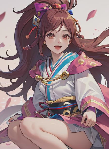 best quality, (masterpiece),(ultra-detailed), (high quality), (high resolution), <lora:oichi:0.7>,oichi, 1girl, solo, long hair, smile, open mouth, brown hair, hair ornament, bow, brown eyes, japanese clothes, kimono, petals,