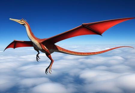 photograph of a Quetzalcoatlus northropi dinosaur flying above the clouds with a red plane attached to its legs that it helps to fly