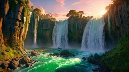 extremely detailed ,best quality,high resolution,64k,,surreal concept art,low angle,fantasy sunset atmosphere,very aesthetic shadows,realistic legendary majestic,vivd-colorful,busy-green landscape,inspired by realistic rocky waterfall island,   <lora:detailed_notrigger:1>,  <lora:Landscape_Unleashed:0.8> <lora:DreamARTSDXL:0.25>,   <lora:aidma-Image Upgrader-v0.1:0.5> <lora:great_lighting:0.5> ,<lora:dvr-stnd:1>