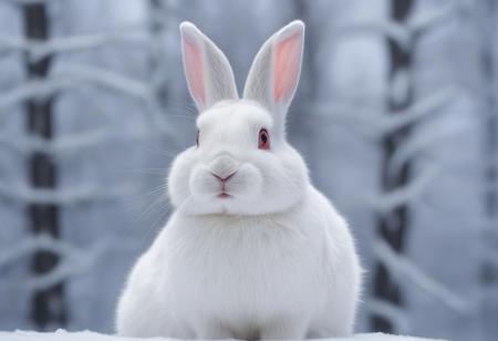 White rabbit with one ear outstretched and one ear down, snowy tree background