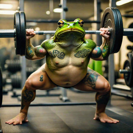 A strong frog with her own image tattooed on chest lifts weights easily in a gym full of other animal bodybuilders,(8k, RAW photo, best quality, Masterpiece:1.2), (realistic, photo-realistic:1.37), full body, exercise background.