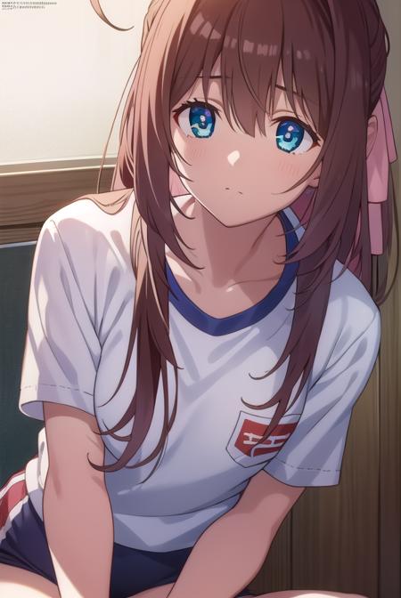 otomeasakura, <lora:otomeasakura-lora-nochekaiser:1>,
otome asakura, long hair, brown hair, bow, ahoge, hair bow, pink bow, blue eyes,
BREAK gym uniform, buruma, red buruma,
BREAK looking at viewer,
BREAK indoors, classroom,
BREAK <lyco:GoodHands-beta2:1>, (masterpiece:1.2), best quality, high resolution, unity 8k wallpaper, (illustration:0.8), (beautiful detailed eyes:1.6), extremely detailed face, perfect lighting, extremely detailed CG, (perfect hands, perfect anatomy),